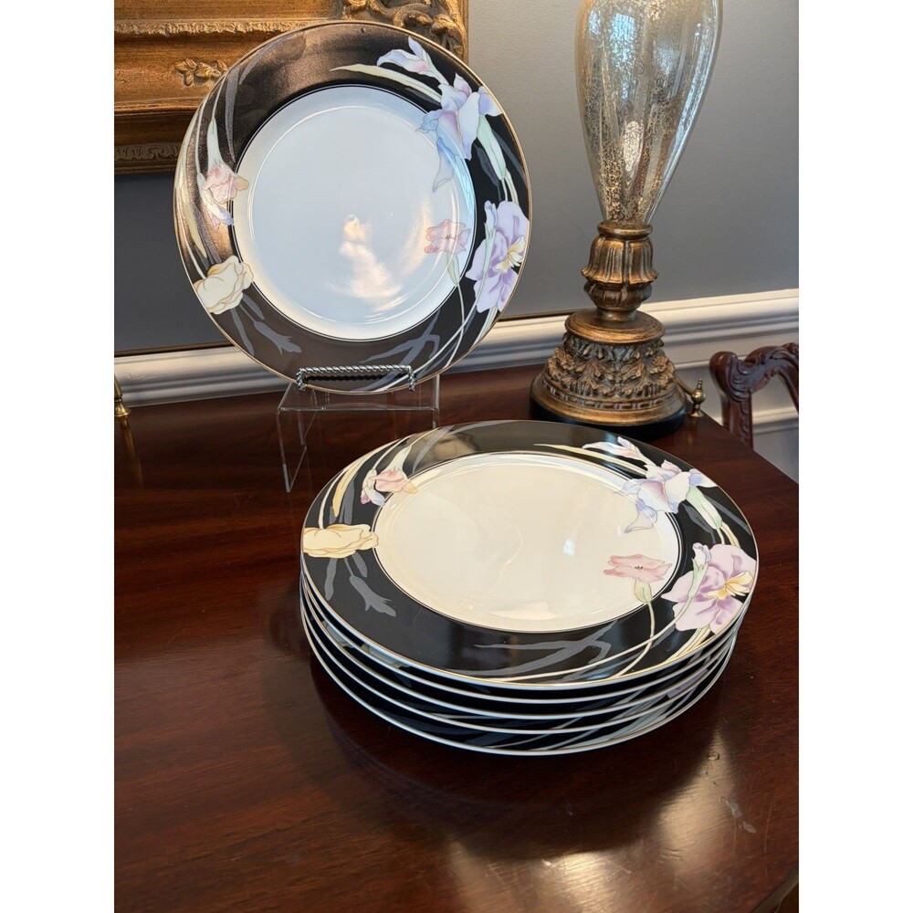 Mikasa Charisma Black Fine China 10 5/8 Dinner Plate L9050 Japan Floral Set of 6